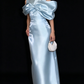 Light Blue Satin Midi Evening Dress With Big Bow Off Shoulder fg9012
