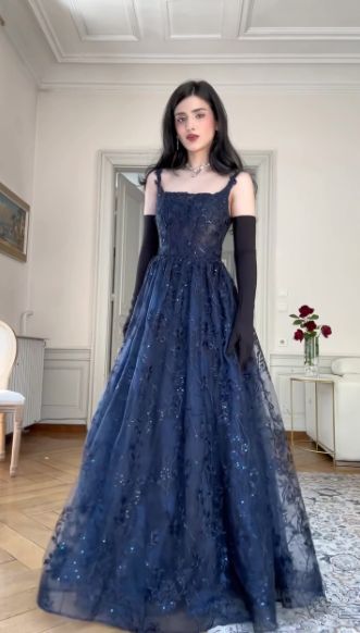 Blue A Line Lace Appliques Prom Dress Elegant Evening Gown fg8512