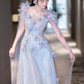 A line Straps Sequin Beads Long Evening Dress Prom Dresses With Flowers  fg8586