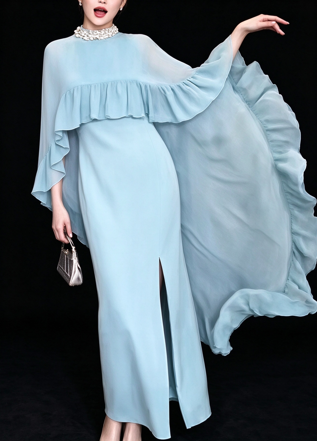 Light Blue Chiffon Cape Sleeve Beaded Neck Slit Long Evening Dress fg9013