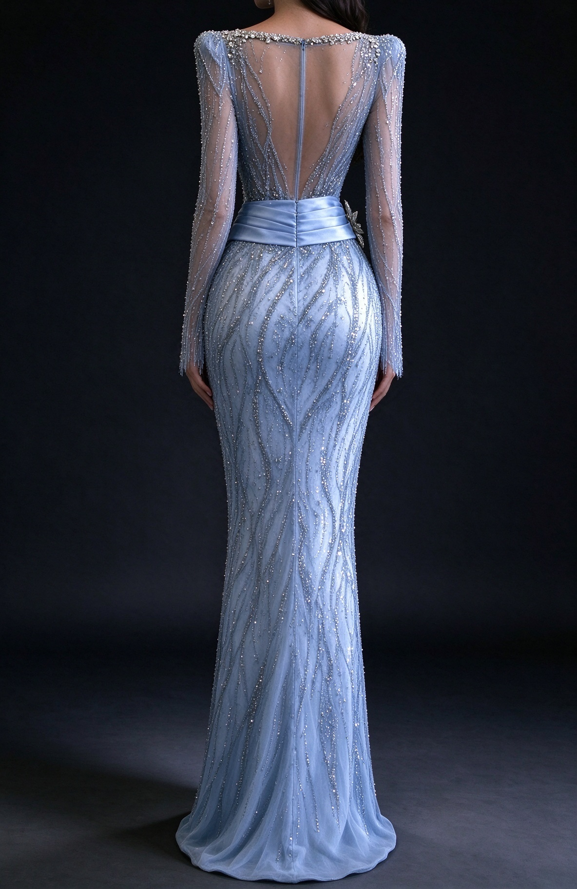 Light Blue Sheer Long Sleeve Mermaid Evening Dress with Rhinestone Sweetheart Neck & Satin Waist Flower fg9032