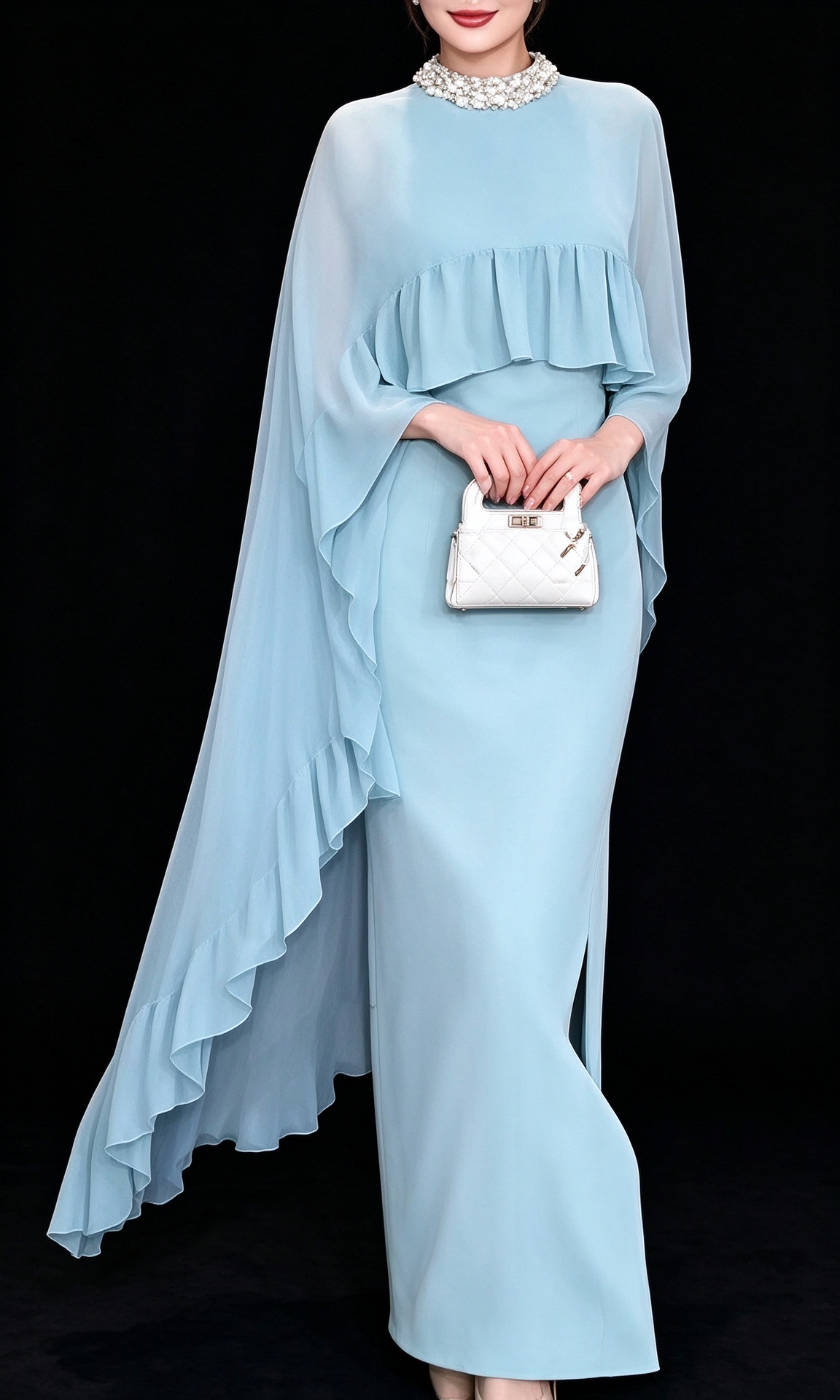 Light Blue Chiffon Cape Sleeve Beaded Neck Slit Long Evening Dress fg9013