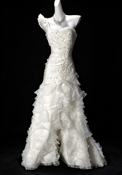 One-Shoulder White Mermaid Wedding Dress with Lace Beading & Tiered Ruffle Skirt fg8962