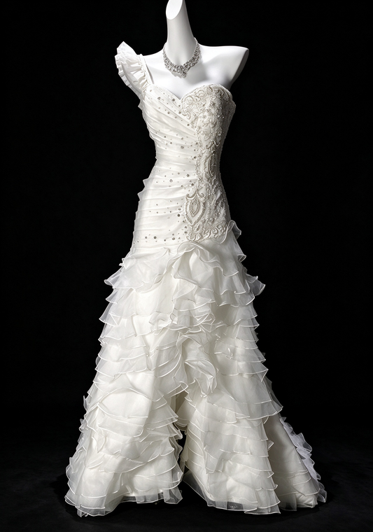 One-Shoulder White Mermaid Wedding Dress with Lace Beading & Tiered Ruffle Skirt fg8962
