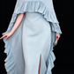 Light Blue Chiffon Cape Sleeve Beaded Neck Slit Long Evening Dress fg9013