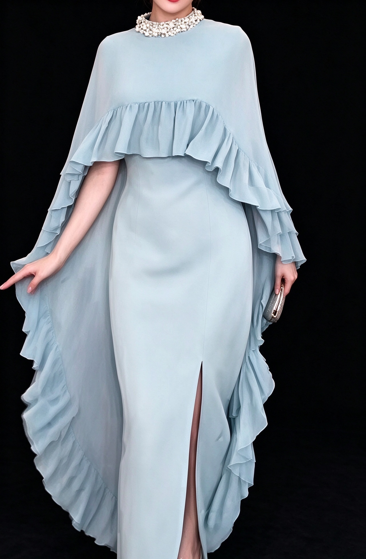 Light Blue Chiffon Cape Sleeve Beaded Neck Slit Long Evening Dress fg9013
