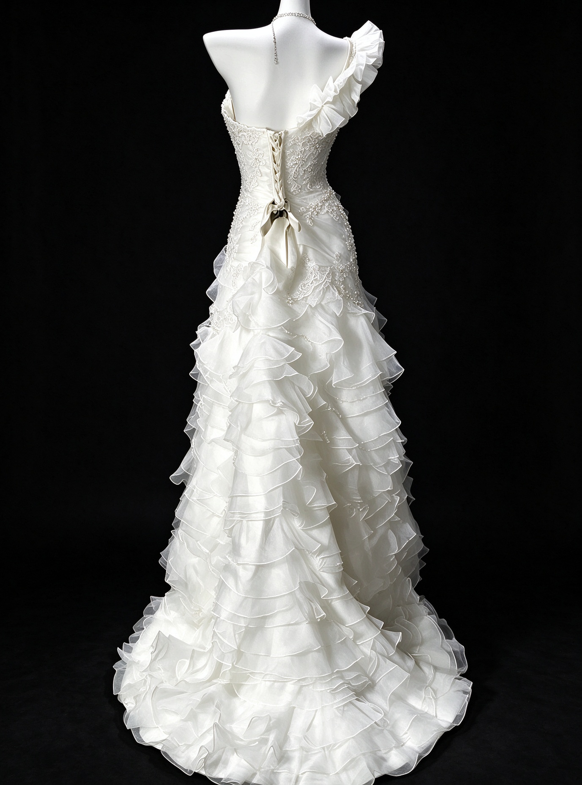 One-Shoulder White Mermaid Wedding Dress with Lace Beading & Tiered Ruffle Skirt fg8962