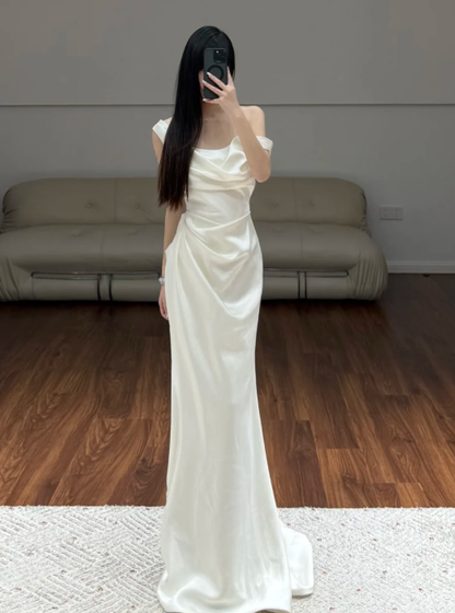 Simple Elegant White Wedding Dress Satin Evening Dress  fg8674