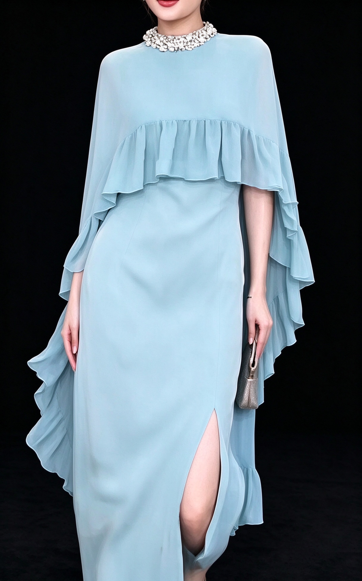 Light Blue Chiffon Cape Sleeve Beaded Neck Slit Long Evening Dress fg9013