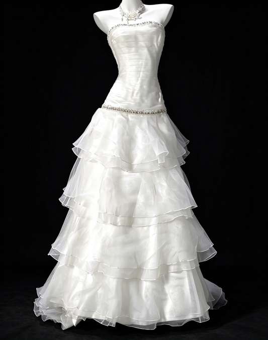 White A-line Sleeveless Wedding Dress with Beading & Tiered Ruffle Skirt fg8963