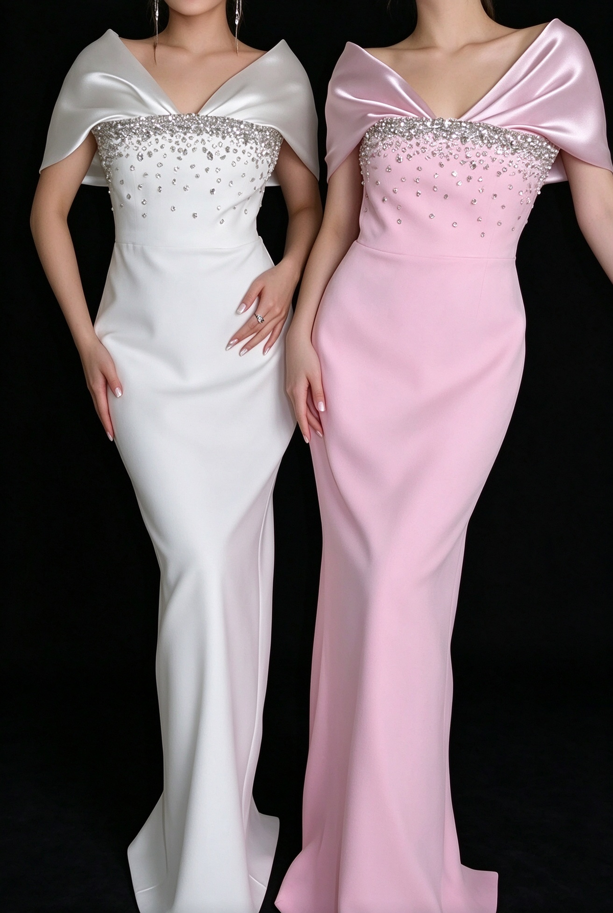 White & Pink Satin Cape V-Neck Rhinestone Mermaid Long Evening Dress fg9014