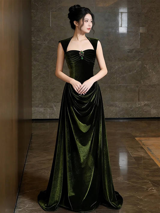 Green Velvet Sweetheart Long Prom Dress, Green Velvet Wedding Party Dress Formal Dress  fg8721