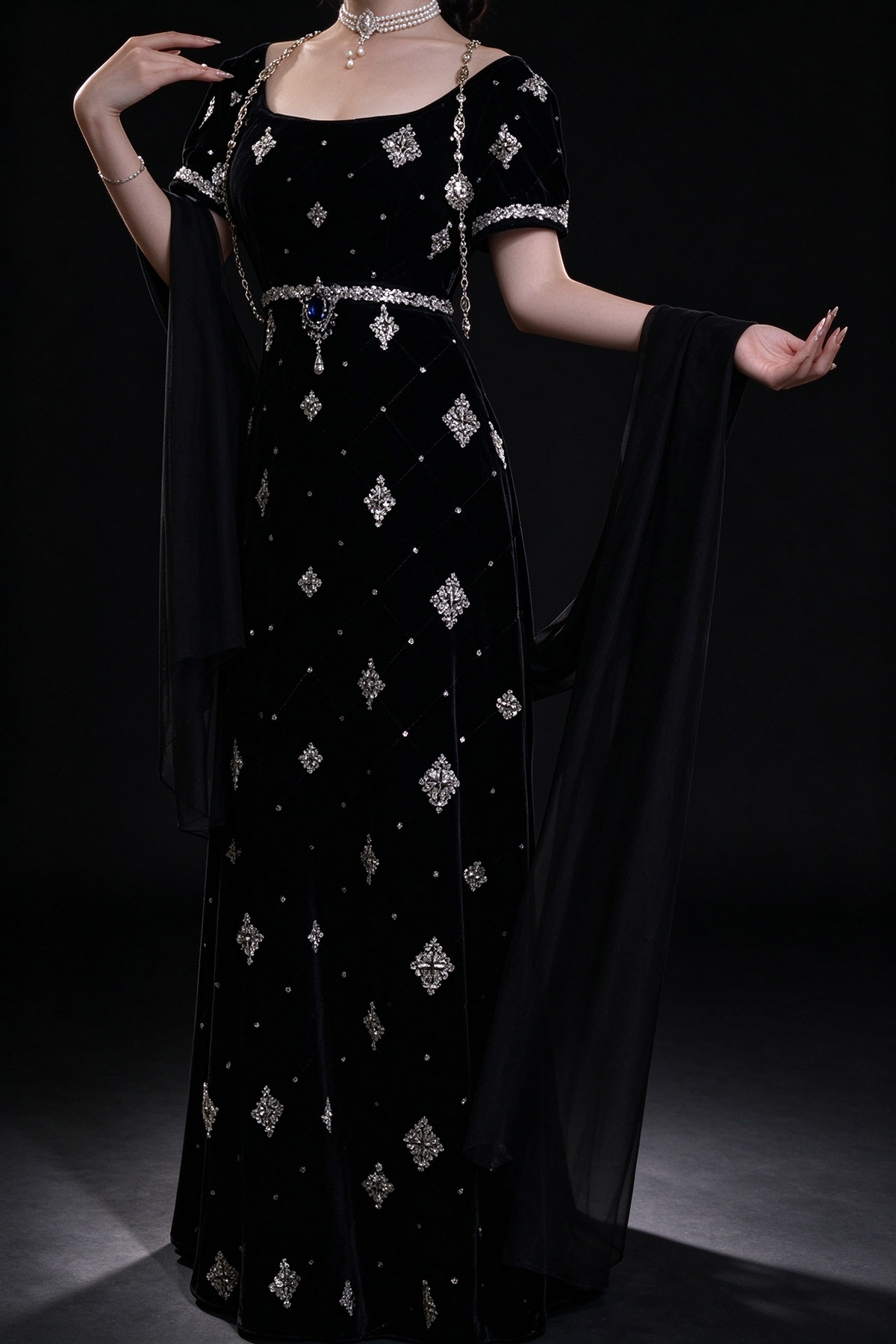Black Square Neck Velvet Beaded Evening Dress With Chiffon Drape fg8978