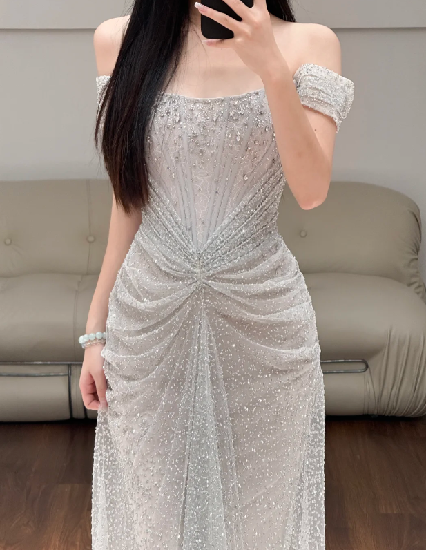 Off The Shoulder Silver Sequin Lace Prom Party Dress Evening Dress Birthday Dress  fg8630