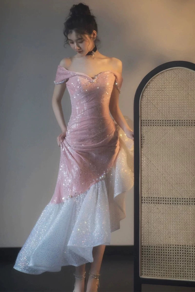 Meerjungfrau-Ballkleid mit schulterfreiem Schnitt und Pailletten, glitzernde Abendkleider fg5081