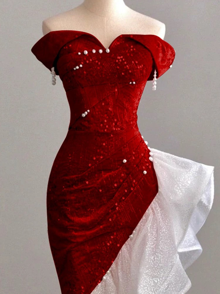 Meerjungfrau-Ballkleid mit schulterfreiem Schnitt und Pailletten, glitzernde Abendkleider fg5081