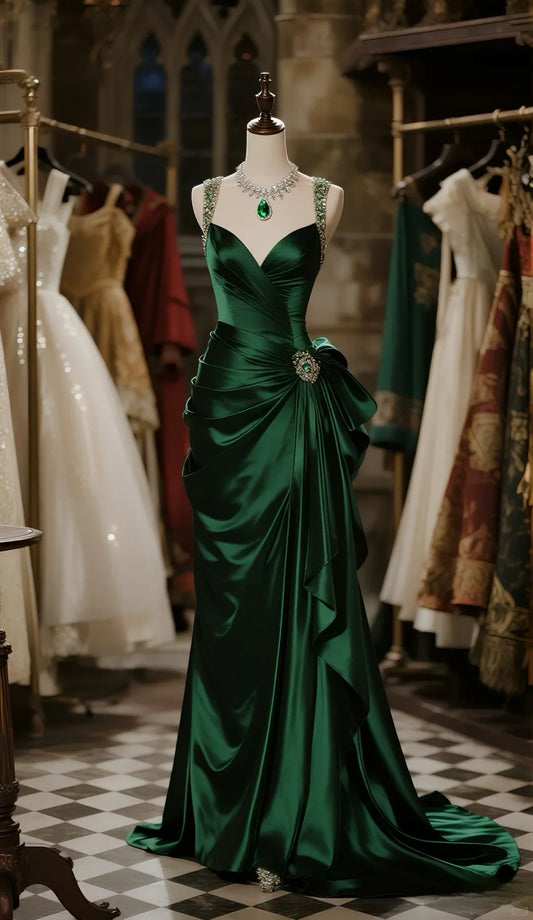 Dark Green Mermaid Beaded Straps Satin Pleated Long Prom Dress, Evening Dress fg8484