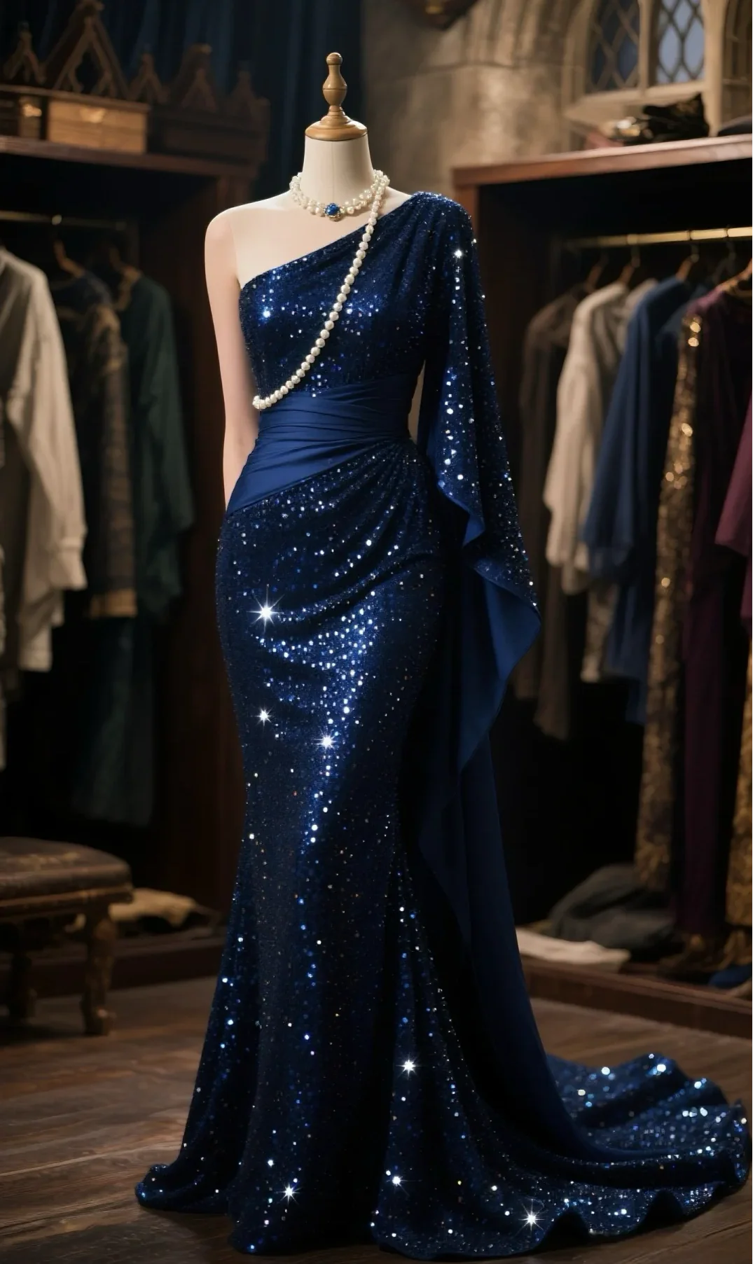 Mermaid Navy Satin Sequin One Shoulder Cape Long Prom Dress, Evening Dress   fg8492