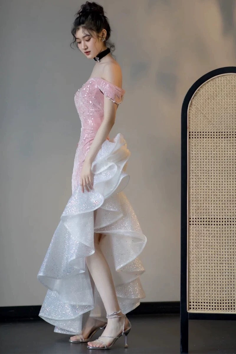 Meerjungfrau-Ballkleid mit schulterfreiem Schnitt und Pailletten, glitzernde Abendkleider fg5081