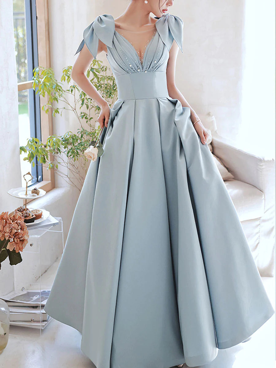 blue v neck satin beads long prom dress, blue evening dress     fg2249