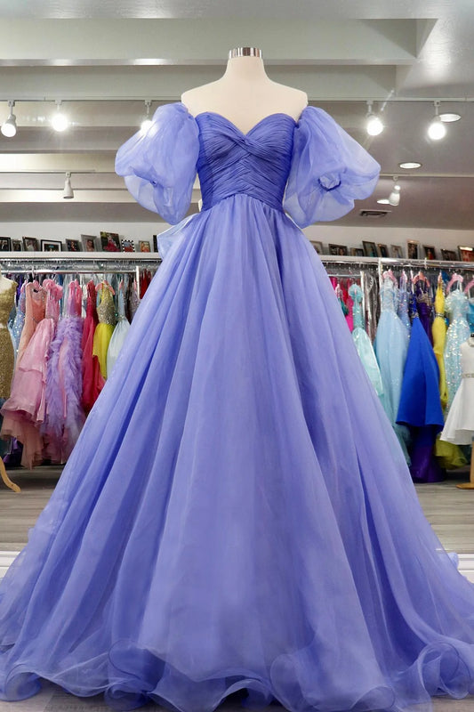 Lavender Tulle A-line Off-Shoulder Puff Sleeves Pleated Long Prom Dress     fg3408