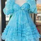 Blue Floral Print Short Baby Doll Homecoming Dress with Balloon Sleeves   fg3590