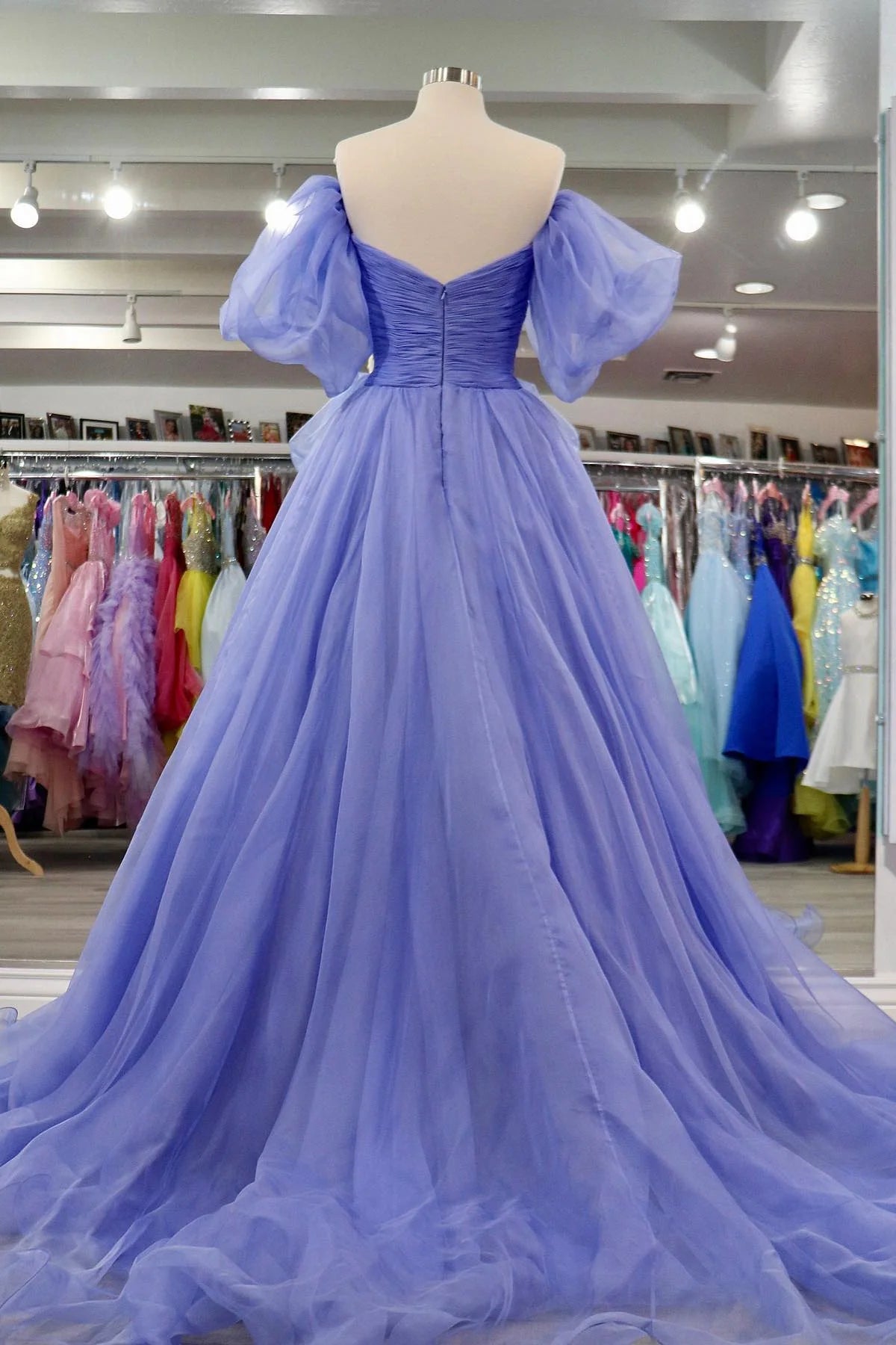 Lavender Tulle A-line Off-Shoulder Puff Sleeves Pleated Long Prom Dress     fg3408