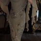 Luxury Strapless 3D Floral Beaded Mesh Draped Satin Midi Evening Party Gown fg8752