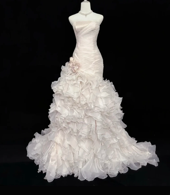 Strapless Sweetheart Ruched Satin Ruffled Organza Mermaid Wedding Evening Gown fg8755
