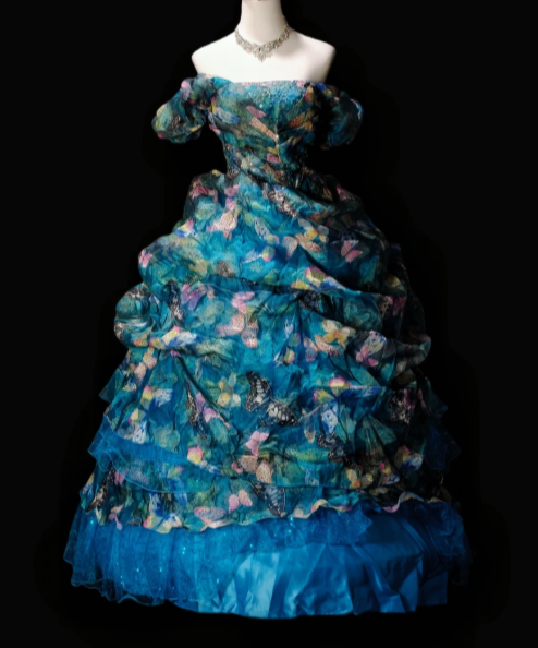 Off Shoulder Puff Sleeve Butterfly Print Organza Ball Gown fg8758