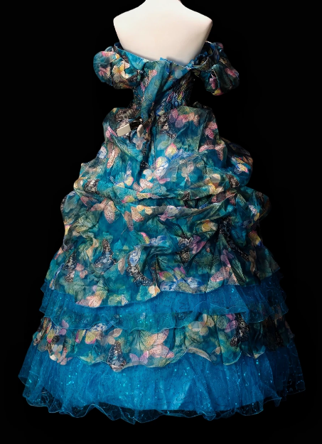 Off Shoulder Puff Sleeve Butterfly Print Organza Ball Gown fg8758