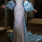 Strapless Draped Satin Sparkle Beaded Mermaid Evening Gown With Oversized Satin Sleeves fg8759