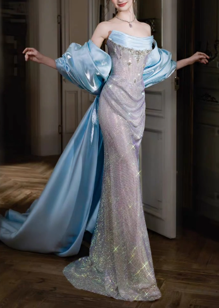 Strapless Draped Satin Sparkle Beaded Mermaid Evening Gown With Oversized Satin Sleeves fg8759