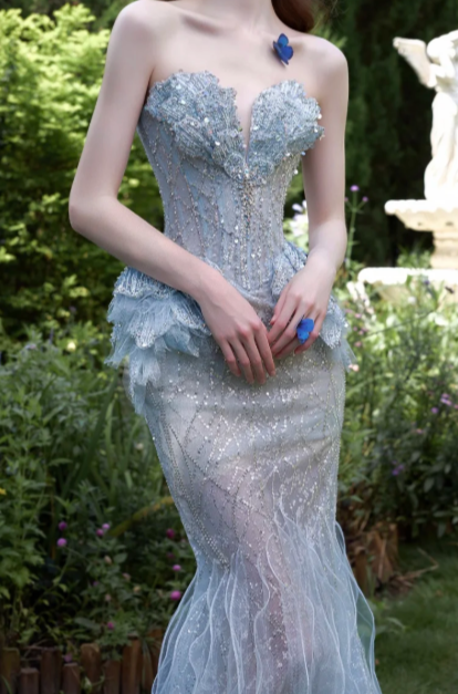 Strapless Sweetheart Beaded Tulle Mermaid Evening Gown fg8760