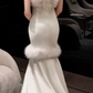 Strapless Feather Trim Mermaid Evening Gown, Backless Satin Formal Wedding Party Dress Gown fg8762