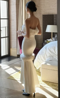Strapless Feather Trim Mermaid Evening Gown, Backless Satin Formal Wedding Party Dress Gown fg8762