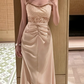 Champagne Beaded Strap Satin Long Evening Dress, Square Neck Ruched Formal Party Gown fg8763