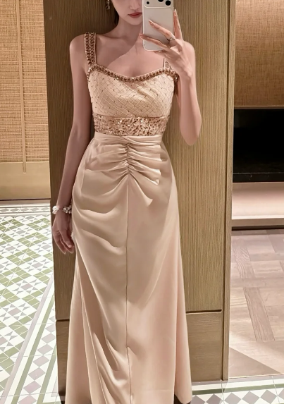 Champagne Beaded Strap Satin Long Evening Dress, Square Neck Ruched Formal Party Gown fg8763