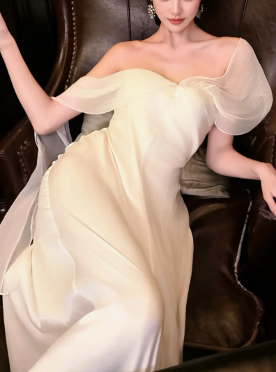 White V-Neck Flowy Sleeve Satin Long Evening Gown, Slim Formal Wedding Party Dress fg8764