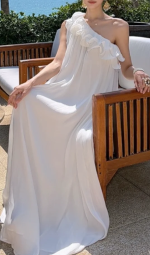 White One Shoulder Ruffle Chiffon Long Dress, Loose Flowy Beach Wedding Gown fg8765