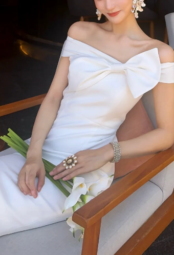 Off Shoulder Big Bow Satin Midi Dress, Slim Formal Cocktail Evening Gown fg8766