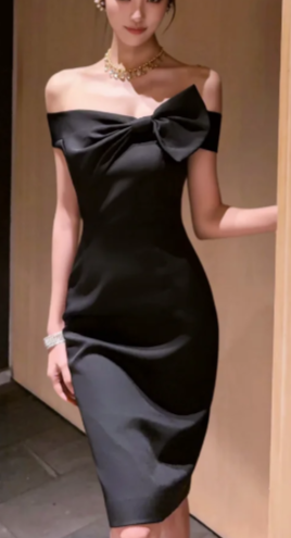 Off Shoulder Big Bow Satin Midi Dress, Slim Formal Cocktail Evening Gown fg8766