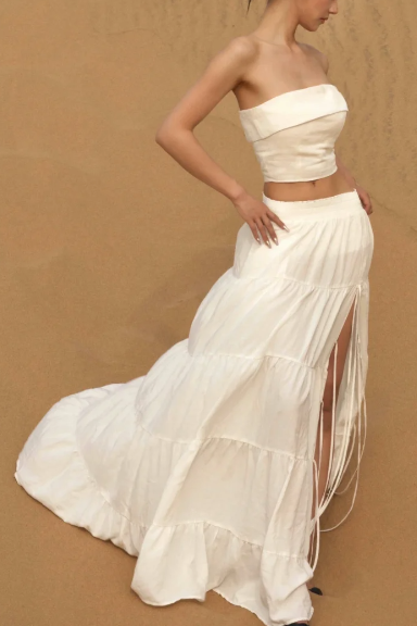 Strapless Two Piece Outfit, Tiered Maxi Skirt Wedding Guest Beach Dress fg8767