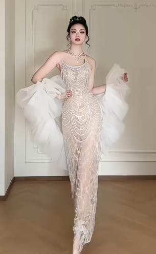 Halter Beaded Mermaid Evening Gown With Detachable Tulle Puff Sleeves fg8768