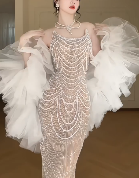 Halter Beaded Mermaid Evening Gown With Detachable Tulle Puff Sleeves fg8768