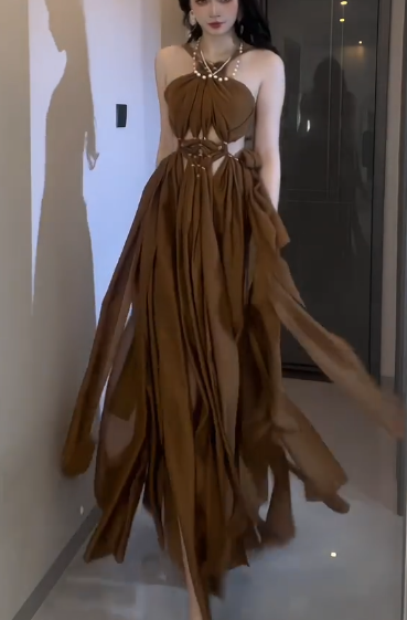 Halter Cutout Chiffon A-Line Evening Dress With Beaded Neckline fg8769