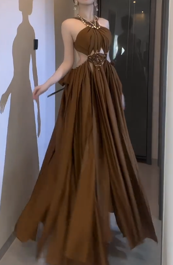 Halter Cutout Chiffon A-Line Evening Dress With Beaded Neckline fg8769