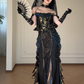 Gothic Off Shoulder Corset Mermaid Evening Gown With Gold Print & Chain Decor fg8770