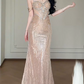Spaghetti Strap Sweetheart Cutout Rhinestone Beaded Mermaid Evening Gown With Detachable Feather Sleeves  fg8771