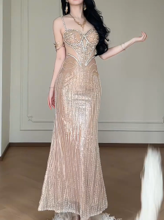 Spaghetti Strap Sweetheart Cutout Rhinestone Beaded Mermaid Evening Gown With Detachable Feather Sleeves  fg8771
